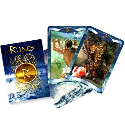 Cartas de runas com caixa azul e ilustrações coloridas