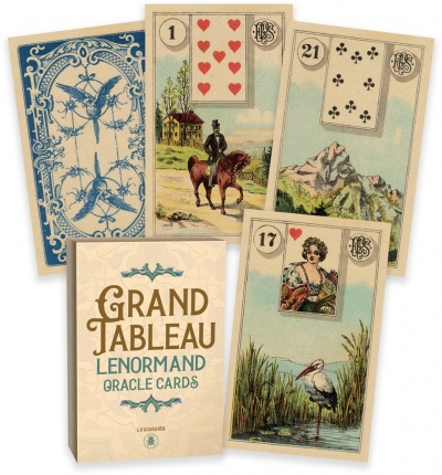 Baralho de cartas oraculares Grand Tableau Lenormand com desenhos vintage coloridos e embalagem creme