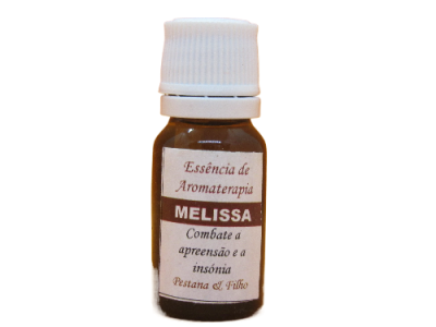 Frasco de essência de aromaterapia Melissa em vidro castanho e tampa branca
