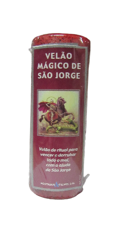 Vela vermelha de ritual com imagem e texto de São Jorge na embalagem