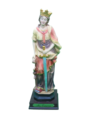 Estátua de Santa Bárbara em resina pintada com espada e coroa.