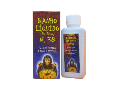 Frasco branco de banho líquido com rótulo azul e vermelho e caixa correspondente com texto e imagem de pessoa encapuzada