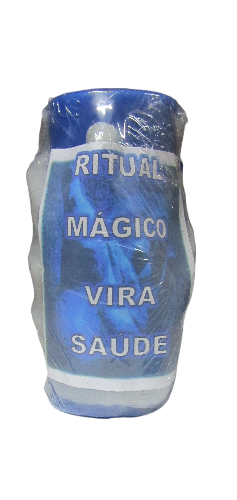 Vela azul com texto Ritual Mágico Vira Saúde