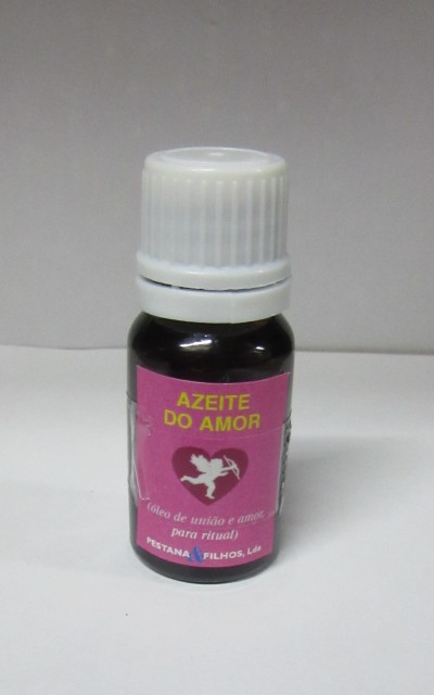 frasco pequeno de azeite do amor com rótulo rosa e tampa branca