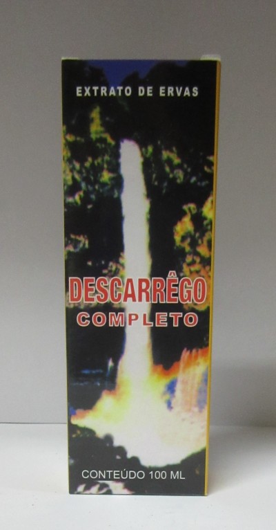 Caixa preta com imagem de cascata e texto de produto extrato de ervas descarrêgo completo 100 ml