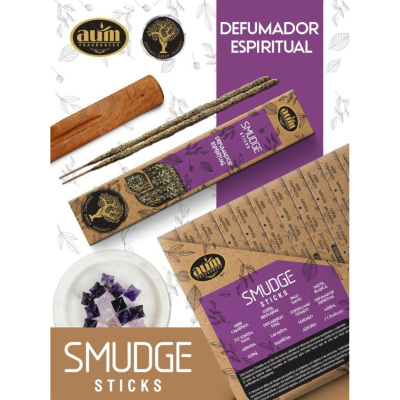 Pacote de incensos defumador espiritual SMUDGE STICKS com caixa e elementos decorativos.