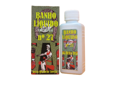 Frasco e caixa de Banho Líquido nº 27 com design verde, imagens de bongô, chuteiras e figura humana