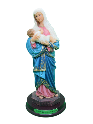 Estátua religiosa de Nossa Senhora da Consolação com bebé em resina colorida.