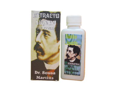 Frasco branco com tampa branca e embalagem com rótulo mostrando retrato de homem e texto EXTRACTO liquido e Dr. Sousa Martins