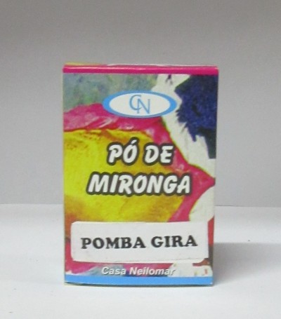 Caixa pequena colorida com texto 'PÓ DE MIRONGA' e 'POMBA GIRA'