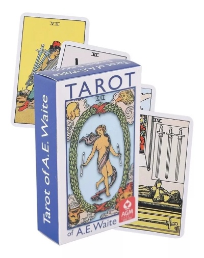 Caixa de cartas de Tarot A. E. Waite azul e branca com várias cartas visíveis