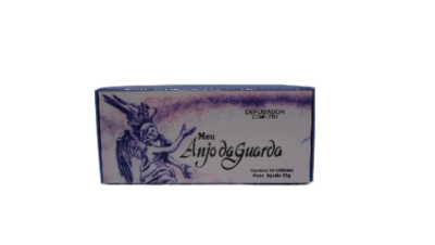 Embalagem retangular de sabonete roxa com ilustração de anjo e texto 