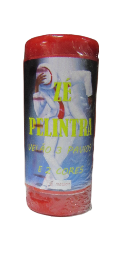 Rolo vermelho com etiqueta 'ZÉ PELINTRA VELÃO 3 PAVIOS e 2 CORES' embalado em plástico transparente