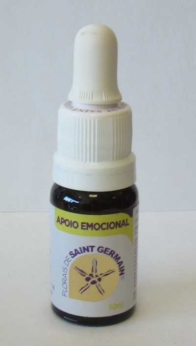 Frasco pequeno de vidro escuro com conta-gotas branco e rótulo branco com texto e desenho de flor