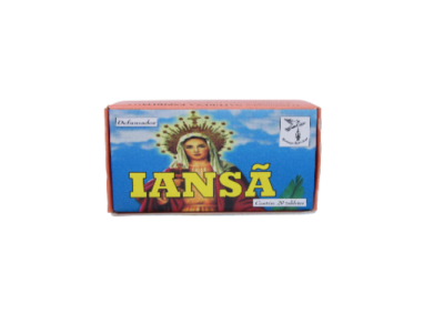 Embalagem de sabão IANSÃ azul com figura feminina coroada e texto amarelo