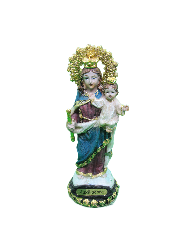 Estátua religiosa da Virgem Maria com criança, detalhes dourados e inscrição 'Auxiliadora'