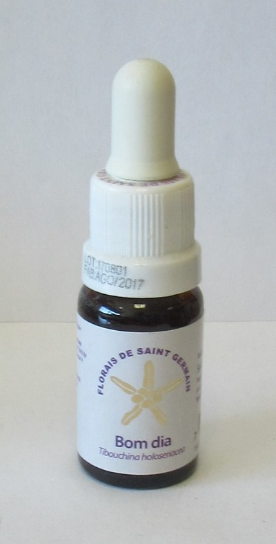 Frasco pequeno de florais com conta-gotas branco e rótulo com flor amarela