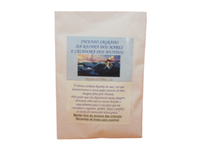 Pacote de incenso branco com etiqueta azul e branca e texto em português.