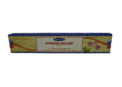 Caixa de incenso Satya Stress Relief com flores lilases na embalagem