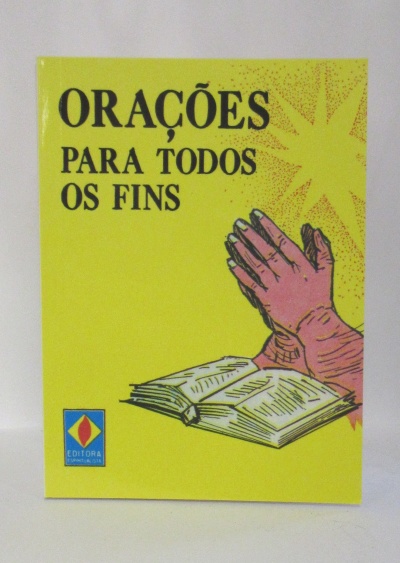 Capa de livro amarelo com título, mãos a rezar e livro aberto.