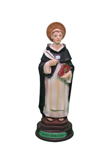 Estátua religiosa de santo com hábito branco e capa preta, segurando pena e livro, base verde com texto