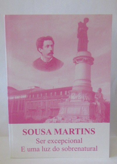 Capa de livro rosa com estátua e retrato de homem e texto SOUSA MARTINS
