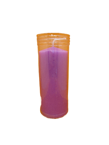 Vela roxa em copo plástico transparente cilíndrico