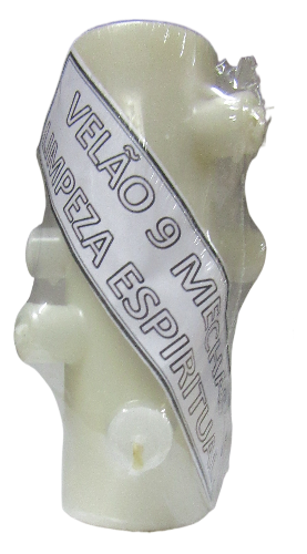 Vela branca decorativa com etiqueta de papel com texto