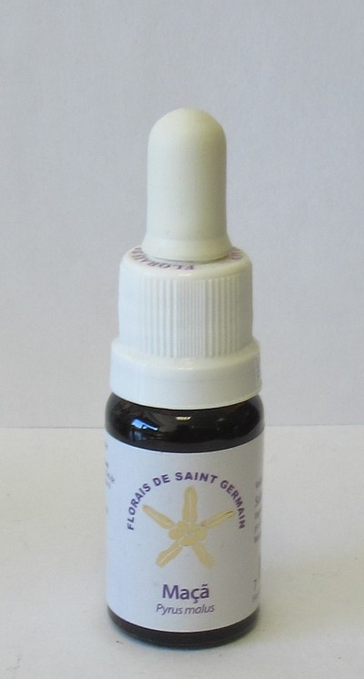 Frasco pequeno com conta-gotas, rótulo branco com texto e desenho de flor amarela