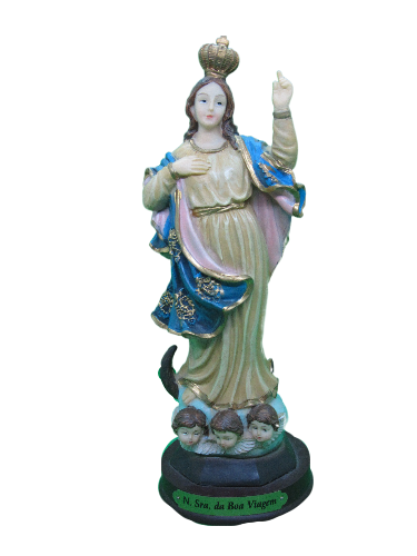 Estátua colorida de Nossa Senhora da Boa Viagem com coroa e base preta