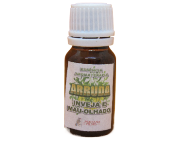 frasco de vidro castanho com tapa branca e etiqueta de essência aromaterapia Arruda