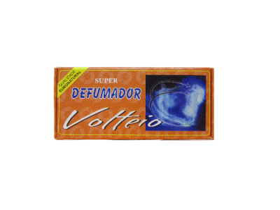 Embalagem laranja do produto SUPER DEFUMADOR Volteiro com texto amarelo e imagem de fumaça azul