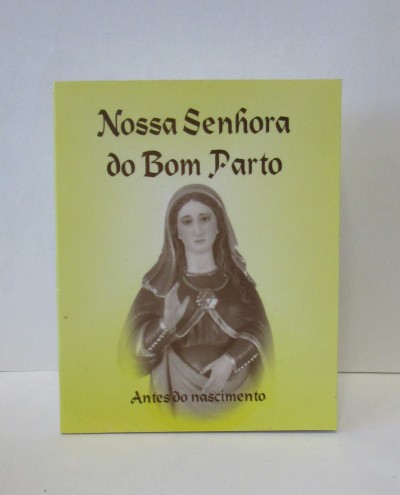 Quadrinho amarelo com imagem de Nossa Senhora do Bom Parto e textos em preto.