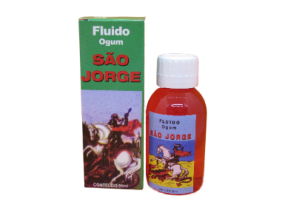 Frasco e caixa de fluido Ogum São Jorge com imagem de São Jorge a cavalo