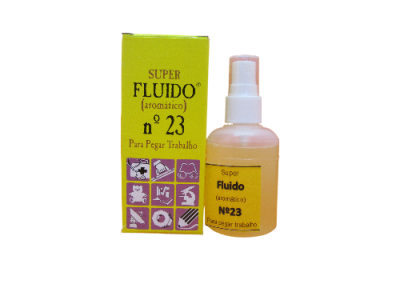 Frasco de spray branco e caixa amarela com texto SUPER FLUIDO nº 23.