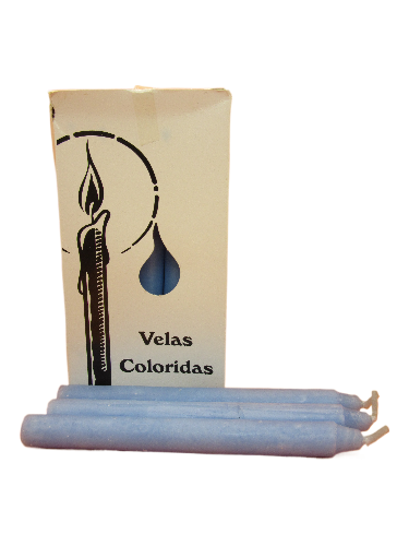 Caixa branca de velas coloridas com texto e imagem de vela acesa, quatro velas azuis ao lado