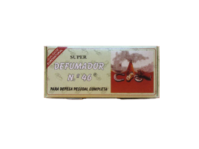 Embalagem de Super Defumador N.º 46 para defesa pessoal com ilustração e texto.