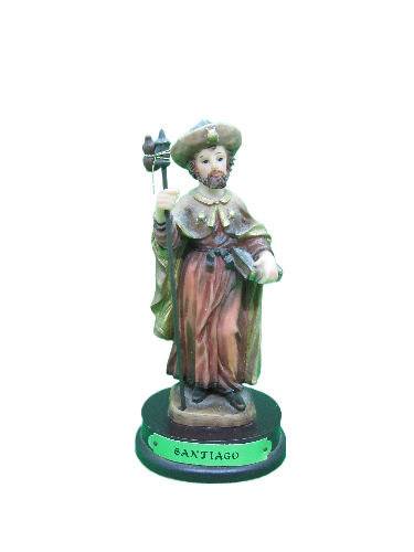 Estátua de Santiago policromada com bordão e base verde e preta