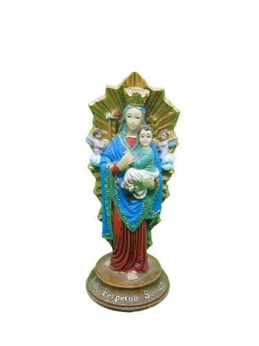 Figura religiosa Nossa Senhora do Perpétuo Socorro colorida com coroa e manto azul
