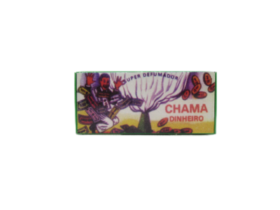 Embalagem colorida com figura humana, árvore e moedas, texto SUPER DEFUMADOR e CHAMA DINHEIRO.