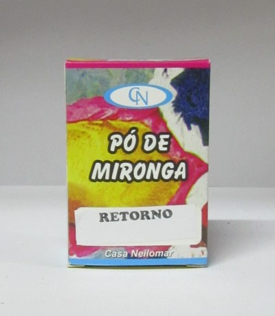 Embalagem colorida de pó de mironga Casa Neilomar com texto e etiqueta