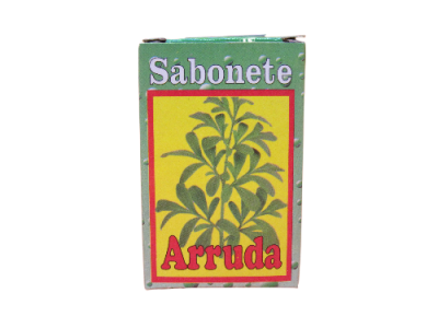 Caixa de sabonete chamada Arruda com imagem de planta e texto em fundo verde e amarelo