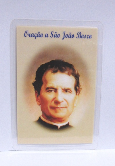 Cartão plástico com imagem de São João Bosco e texto religioso