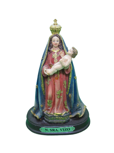 Estátua de Nossa Senhora Vizo com menino Jesus em vestido vermelho e manto azul.