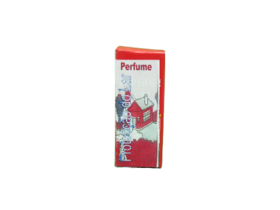 Embalagem retangular de perfume com imagem de casa em vermelho e branco