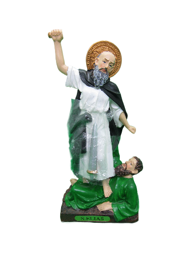 Estátua religiosa de São Elias com capa preta e roupa branca, sobre figura de homem vestido de verde