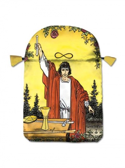 Saco amarelo com ilustração do arcano O Mago do tarot