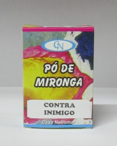 Embalagem de papel colorida com texto Pó de Mironga e Contra Inimigo