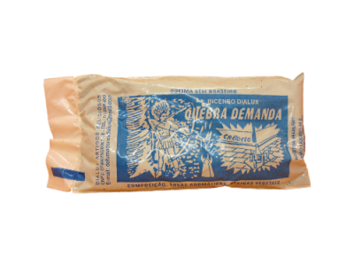 Pacote de incenso Quebra Demanda com texto e imagem em azul sobre fundo laranja