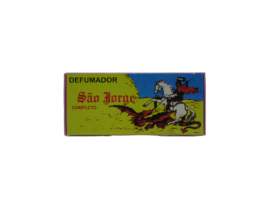 Embalagem de defumador São Jorge com ilustração de São Jorge a cavalo, fundo amarelo e azul.